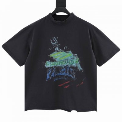 Balenciaga巴黎世家Blcg25Ss水洗手工割破.幻影涂鸦短袖T恤 进口白墨直喷印花.透气.宽松版本男女同款 Size：Xs-L