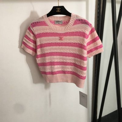款号20253050 Chane*新款 小香植绒Logo拼色条纹镂空短袖针织衫 上衣 粉红色 黑白色 均码 肩宽38 胸围88 袖长18 衣长45