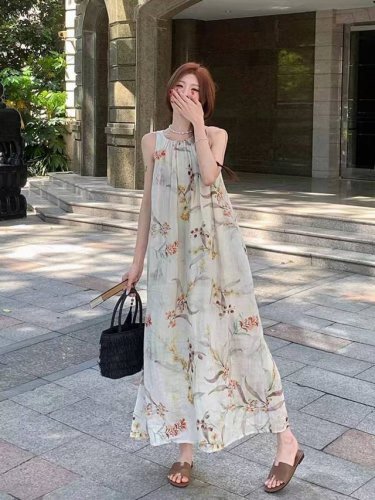 爆款出大货！绝美！高品质苎麻印花挂脖长款连衣裙！领口手工捏褶＋柔软亲肤内衬，搭配本布腰绳＋口袋设计！轻盈舒适夏季时尚度假凉感长裙！Smlxl