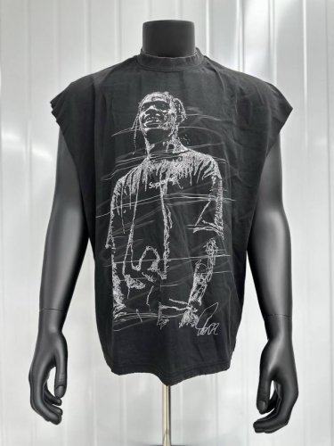 Vt034 Travis Scott斯科特Big Face人像限定浮夸搞怪印花复古水洗做旧无袖坎肩T恤 小领口设计 白墨数码直喷印花 手工磨破工艺 高街复古重磅