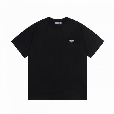 高版本 prada 普拉达 2025新款 定制310G双纱纯棉面料 定制金属三角章 梭织拼接 印花Logo 男女同款 短袖T恤 颜色：黑色 尺码：S-Xl