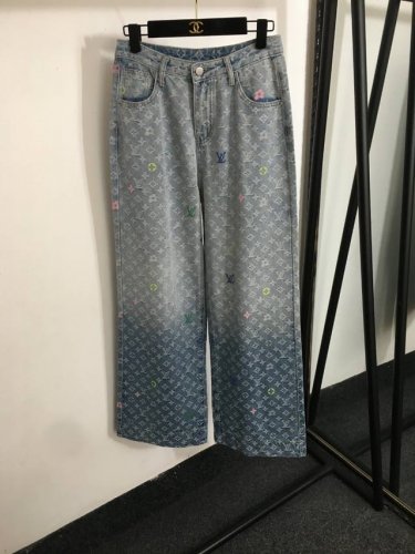 款号20252260 Lv*新款 彩色老花Logo提花水洗做旧渐变色高腰阔腿牛仔长裤，蓝色，S-Xl， L码；腰围72，长107