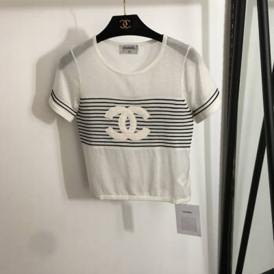 款号20252387 Chane*新款 小香Logo刺绣条纹短袖针织衫上衣，白色，黄色，蓝色，黑色， 均码；胸围74，袖长16，衣长47