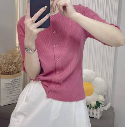 25春夏 时尚气质亲肤舒适高弹力33羊毛高品质中袖设计高弹短袖针织衫 可配