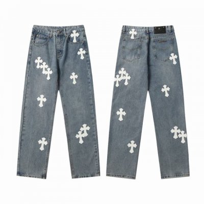 现货 9959 Ch店铺Vip限定稀有款牛水洗做旧贴白色十字架皮牛仔裤男女同款 码数:28 30 32 34 36 颜色：洗水蓝
