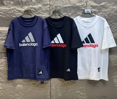 顶级版本.官网品质 Blcg Balenciaga 巴黎世家联名Adidas前面经典Logo组合 双面正反穿搭刺绣短袖T恤# 面料采用巴黎Zp定织定染全棉双纱
