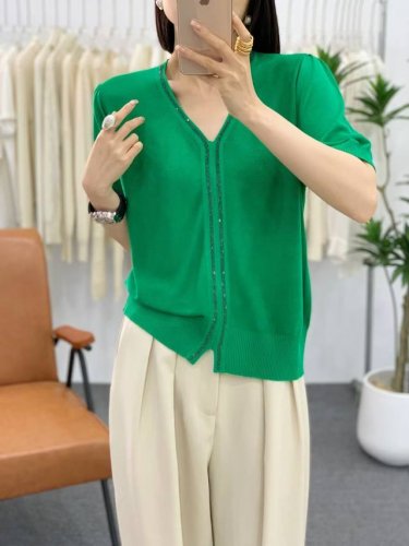 欧洲站夏季新款短袖 时尚V领薄款天丝V领针织上衣 胸围55衣长51