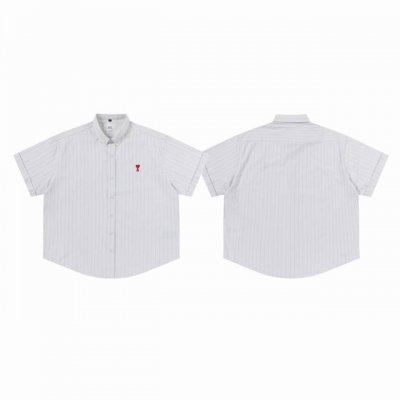 Ami paris Ss24小红爱心刺绣条纹宽松茧型纽扣开合情侣短袖衬衫-顶级代购版本 Color：白色 Size：S M L Xl Nomber：25826