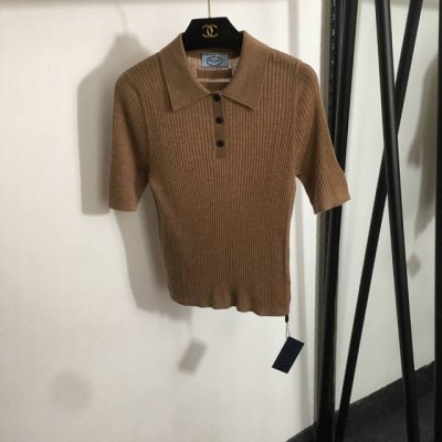 款号20252696 Prad*新款 Polo领修身短袖羊毛针织衫 上衣，咖色，红色，Sml， M码；胸围70，袖长26，长54