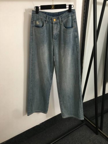 款号20252420 Ck新款 刺绣字母 水洗做旧高腰阔腿牛仔长裤，蓝色，S-Xl， M码；腰围74，长108