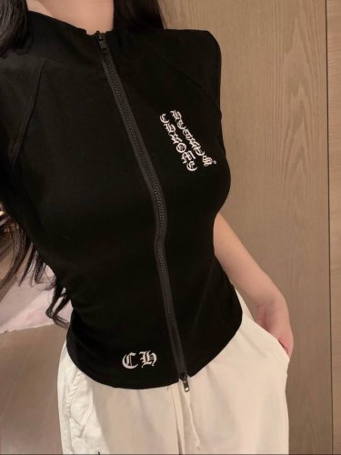 chrome Hearts 克罗心Ch梵文印花修身双头拉链短袖上衣 款号：25672705318 颜色：黑色 白色 尺码：Sm S码80- 斤 M码 -125斤