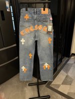 高端复刻 Chrome Hearts 克罗心 25Fw Ch海外定制限定系列 梵文十字贴布拼皮牛仔裤 蓝 蓝橙配色 定制限定款 潮流玩家们，克罗心限定牛仔裤震撼