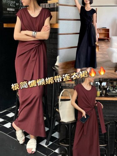 连衣裙 懒人裙腰部绑带收腰时髦连衣裙 “U”型领子设计，完美的弧形将锁骨微露，知性优雅 腰部立体扭结设计，呈现出独特风格的褶皱堆积感解决了女性腰线不菀美的困扰，