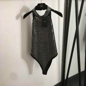 款号20253163 Ysl*新款 镜子反光铆钉装饰 挂脖露背连体紧身衣 黑色 Sml 码 胸围70 长67