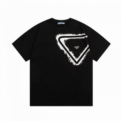 高版本 prada 普拉达 2025早出新款 定制310G双纱纯棉面料 泼墨三角形 定制金属三角章 男女同款 短袖T恤 颜色：黑色 尺码：S-Xl