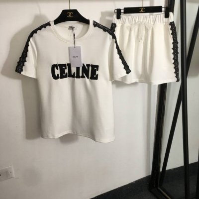 款号20252819 Celin*新款套装，蕾丝花边装饰 Logo刺绣字母短袖T恤+短半裙，白色，黑色，灰色，Sml， M码；肩宽41，胸围102，袖长18，衣