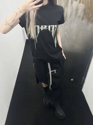 rick Owens 2025春夏暗黑字母印花圆领基础版型短袖纯棉针织T恤 黑色 白色码数Sml，