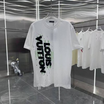 LV 2025春夏新款 圆领短袖T恤 烧花+手绘 男女同款宽松版 S M L Xl Xxl 五个码 黑色 白色