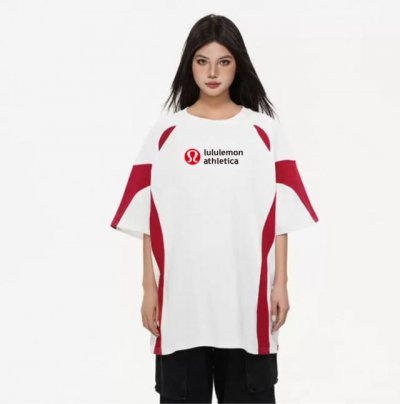 新款Lululemon 露露插肩撞色拼接Ins 领口螺纹针织情侣同款宽松落肩短袖T恤 面料: 300G重磅纯棉新疆长绒棉 采用特定重磅32S精棉平纹针织面料，3