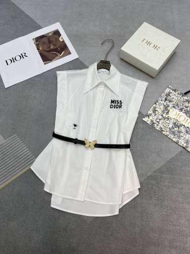 高品质Dior2025夏季翻领无袖腰带衬衫胸前Miss绣花Logo搭配金色蝴蝶腰带纯棉面料百搭单品高品质白色Sml