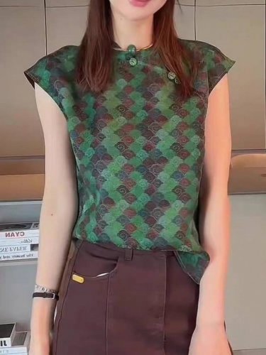 夏季新款香云纱新中式国风小立领印花小飞袖衬衫 三色四码 S M L Xl