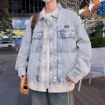 万斯Vans春季新款，男女同款百搭水洗牛仔磨白格纹拼接潮流牛仔夹克衫，男士牛仔外套假两件牛仔外套上衣！ 颜色:深蓝色，浅蓝色 尺码:M-4Xl