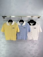 25夏季Miumi*小娃娃领，亲肤透气舒适绢丝棉，小麻绳微透薄款章仔小开衫短袖。 精致气质时尚百搭 米白 蓝色 黄色三色尺码Sml现货供应。T226B