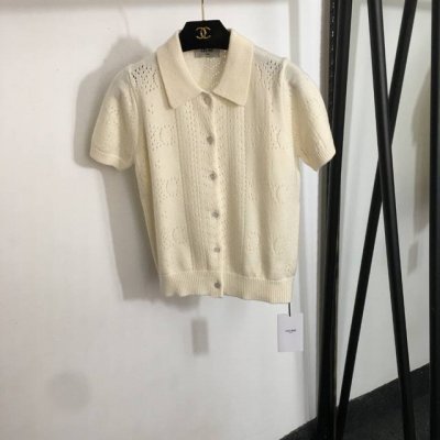 款号20252602 Celin*新款 高品质100%羊毛 镂空Logo翻领短袖针织开衫 上衣，米白色，Sml， M码；胸围92，袖长20，长53