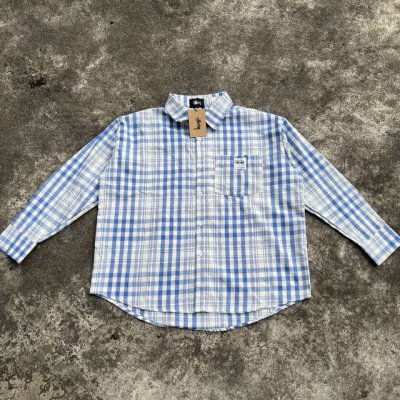 款号328 斯图西Stussy纯棉磨毛绣标格纹元素重磅毛边衬衫长袖 颜色：白蓝格 尺码：M-Xl