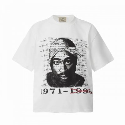 Vt987 致敬图派克Tupac说唱歌手2pac人像音符歌谱Big Face数码直喷印花复古水洗做旧短袖T恤 小领口设计 白墨数码直喷印花 高街复古重磅Vint