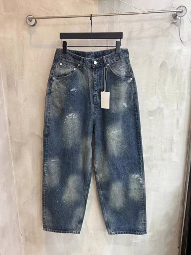 5006# 日本小众品牌Ancellm25Ss新款水洗渲染重工点墨喷马骝涂脏独特水洗工艺.做旧.宽松锥形牛仔长裤.百搭款.男女同款 颜色：黑色.蓝色 码数：1.
