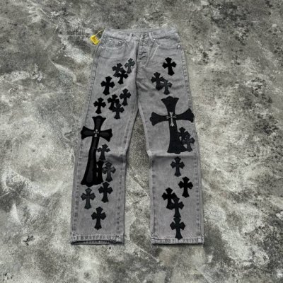 款号：H692 Chrome Hearts X Sexrecords & 克罗心金属贴皮十字架做旧灰色伦敦牛王限定牛仔裤 原版五金辅料水洗等吊卡，二维码解析均为