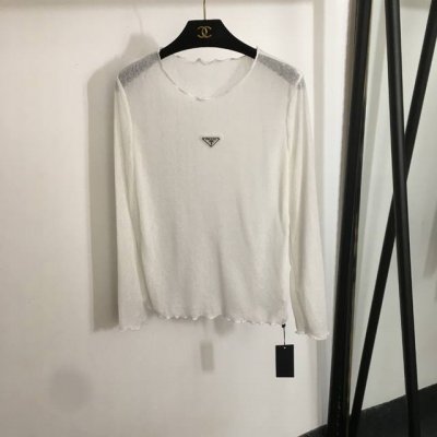 款号20253289 prad*新款 Logo三角标装饰长袖透视防晒衫薄款T恤打底衫 白色 浅粉色 浅蓝色 Sml M码 肩宽38 胸围84 袖长59 衣长60