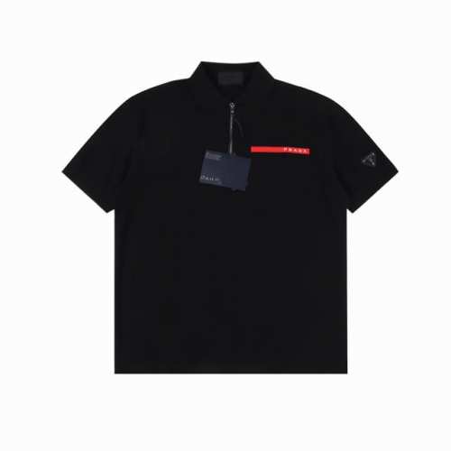 prada普拉达prd 红条三角半拉链短袖polo衫 红皮标识Re-Nylon珠地布polo衫，原版采用 G珠地布料，定制Logo拉链，定制弧形三角标铁牌徽章，