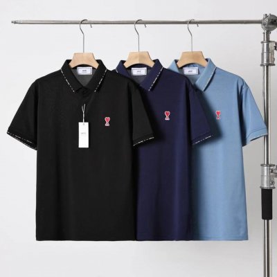 Ami 艾米春夏新品 相色条纹桑蚕丝polo衫 情侣款夏季简约透气T恤 间色镶边翻领短袖polo衫 经典小Logo撞色领口翻领polo衫~ 男士T恤 经典简约