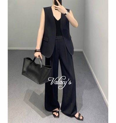 套装 松弛感短袖西装套装女2025夏季新款高级感老钱风休闲阔腿裤两件套 面料 亚麻 Smlxl S码胸围88肩宽36衣长65腰围64后面有松紧裤长105 每个码