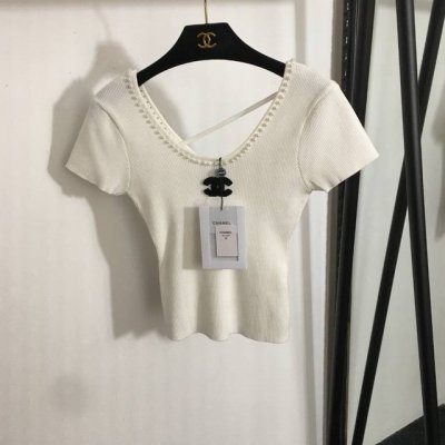 款号20252847 Chane*新款 小香Logo植绒刺绣 珍珠装饰领修身短袖针织衫 上衣，白色，红色，粉色，黑色，36 38 40， 38码；胸围62，袖长