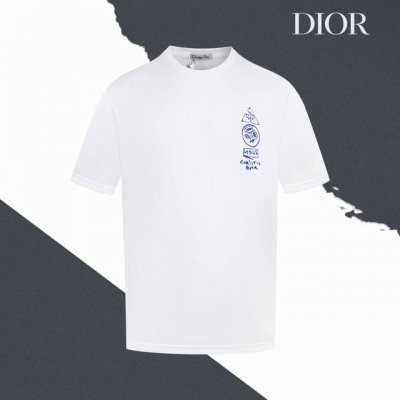 款号Sl84 Dior迪奥蓝色字母个性Logo印花圆领短袖 直喷印花 情侣同款 全套包装 三标齐全 区别市场通货 随意对比 纯棉280克高克重32支双纱 不起球
