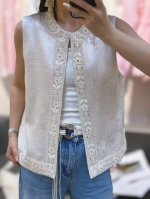 马甲 2025春夏新款度假风100%亚麻马甲门襟领口下摆拼接绣花版型宽松马夹 单色四码 S M L XL