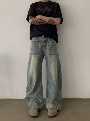 款号Xk3294 美式复古水洗倒插口袋A字牛仔裤百搭做旧宽松直筒弯刀裤子，面料定制经过一流的高工艺水洗 ，质地紧密 色泽均匀 纹理清晰，上身非常舒适 直筒版型