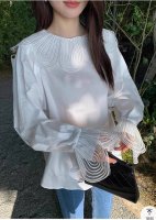 P210 一见倾心 立体白色花边圆领设计感泡泡袖衬衫宽松上衣，Smlxl