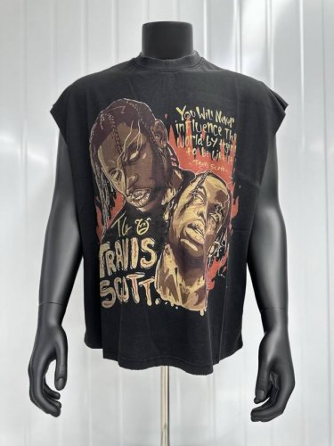 Vt020 Travis Scott斯科特Big Face人像演出限定浮夸搞怪印花复古水洗做旧无袖坎肩T恤 小领口设计 白墨数码直喷印花 手工磨破工艺 高街复古