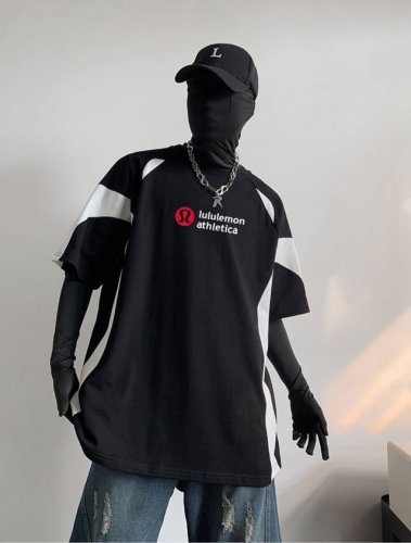 新款Lululemon 露露插肩撞色拼接Ins 领口螺纹针织情侣同款宽松落肩短袖T恤 面料: 300G重磅纯棉新疆长绒棉 采用特定重磅32S精棉平纹针织面料，3