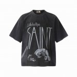Vt964 Saint Michael字母伏地耶稣宗教Big Face人像数码直喷印花复古水洗做旧短袖T恤 小领口设计 白墨数码直喷印花 高街复古重磅做旧水洗V