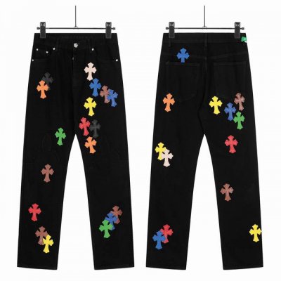 8158 Chrome Hearts 克罗心高端克罗限定火焰彩皮十字拼皮直筒拼皮牛仔裤 真实还原Vintage极致质感 意产特种牛皮印花再切割 订制羊皮三层粗线