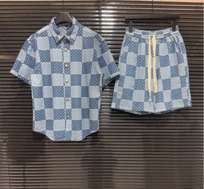 爆款套装V驴牌 25春夏新款 满印老花拼色方格Logo印花 高品质牛仔套装 码数：M-3Xl 套装不拆