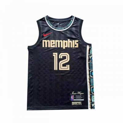 热压高版本 Nike Nba Sw球迷版 20-21赛季 孟菲斯灰熊队 莫兰特12号 拼接篮球球衣 颜色：黑色 尺码：S-2Xl 面料：定制260G优质网眼布面