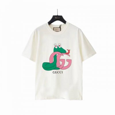 实拍细节图+尺码表 Gucci 古驰 灵蛇双Glogo印花短袖 面料：规格采用实打实240G 100%纯棉 针织内的兰博基尼，定织定染！属于高敏感特殊色 我们对