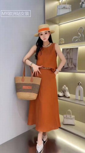 面料 亚麻 圆领无袖背心长款半身裙两件套女时尚纯色套装两件套 双色四码Smlxl