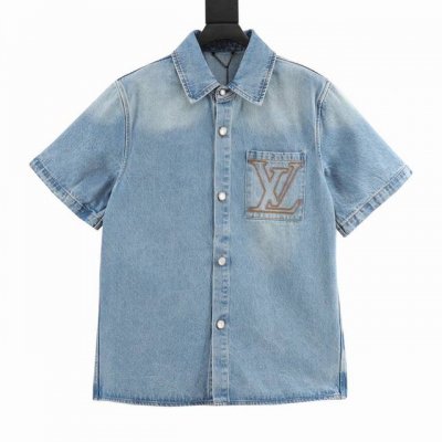 高版本 louis Vuitton 路易威登 Lv25新款限量口袋大Logo字母金色金线刺绣明线徽标牛仔短袖衬衫 品牌老花Logo标志性图案 浓浓的街头美式风